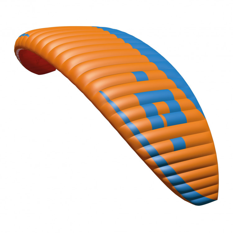 Orange and blue Halo paraglider wing displayed against a white background, showing its curved canopy design