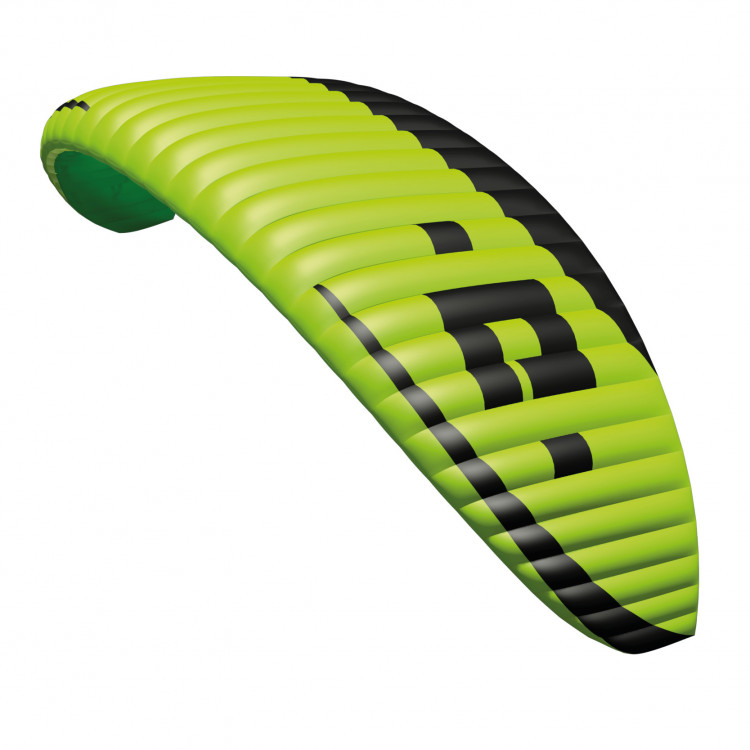 Lime green and black Halo paraglider wing displayed against a white background with its canopy fully visible